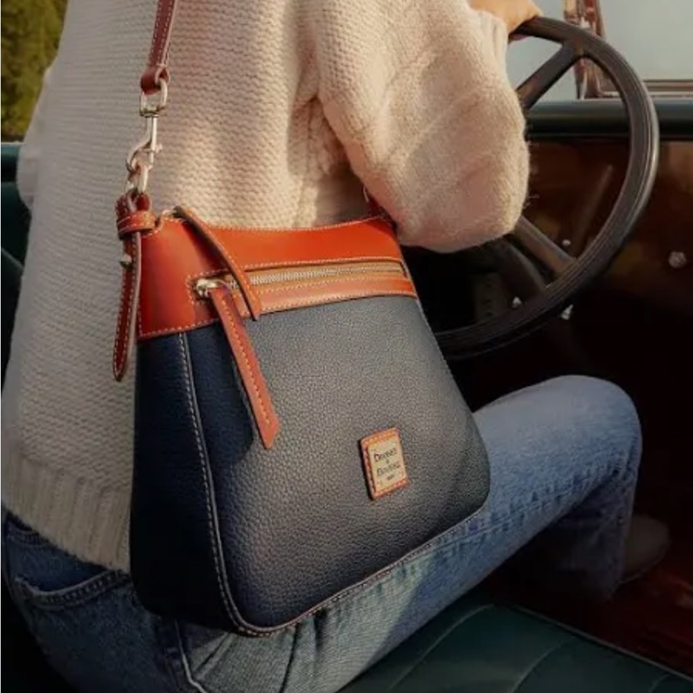 Dooney & Bourke Navy Blue and Tan Crossbody Bag with Tassel Detail